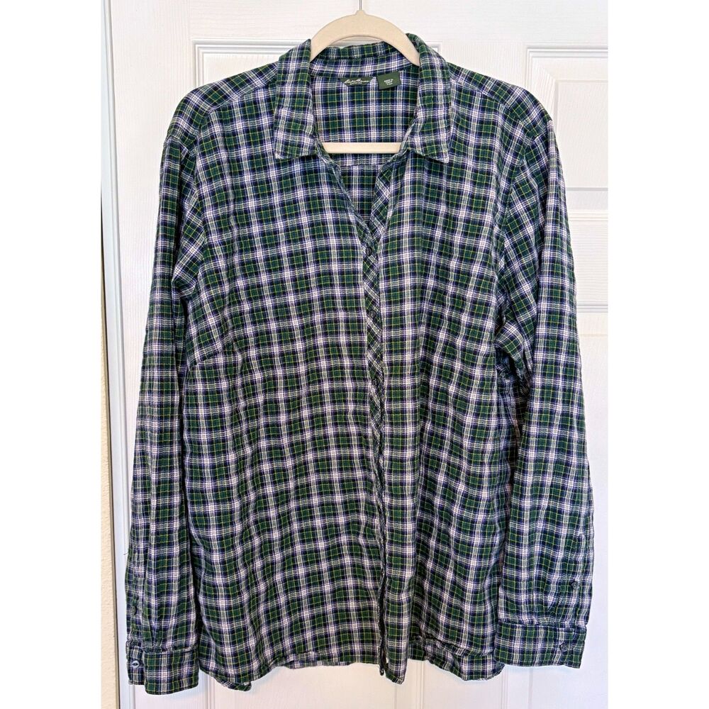 Eddie Bauer Women’s Plaid Flannel Button Down Shirt Green Blue TXXL